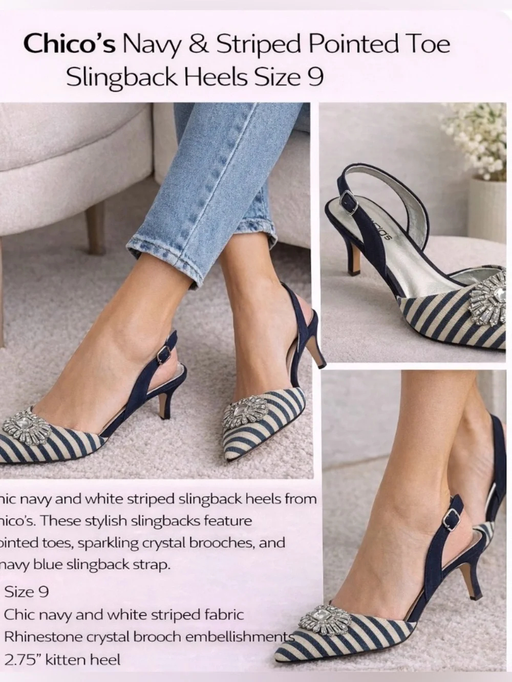 Chico’s Navy Striped Slingback Heels Crystal Brooch Pointed Toe Size 7.5 - Picture 2 of 5
